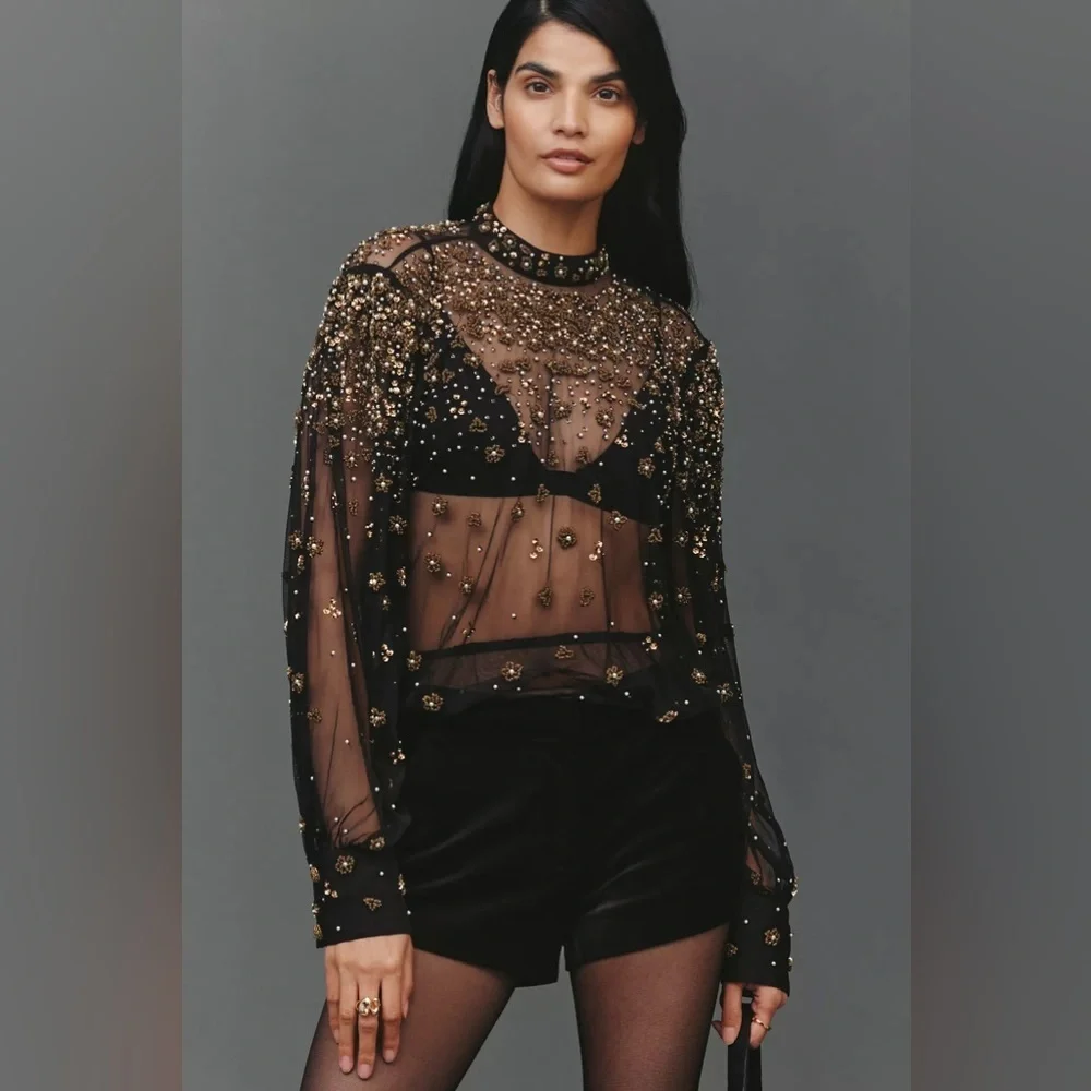 FARM RIO Mock Neck Sheer Embroidered Blouse